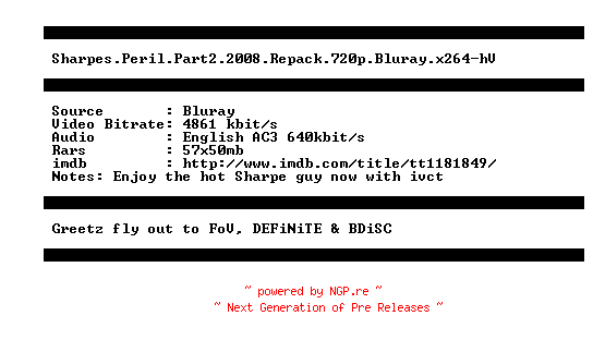 NFO for the release Sharpes.Peril.Part2.2008.Repack.720p.Bluray.x264-hV by hV