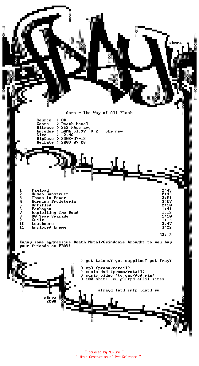 NFO for the release Asra-The_Way_Of_All_Flesh-2008-FRAY by FRAY