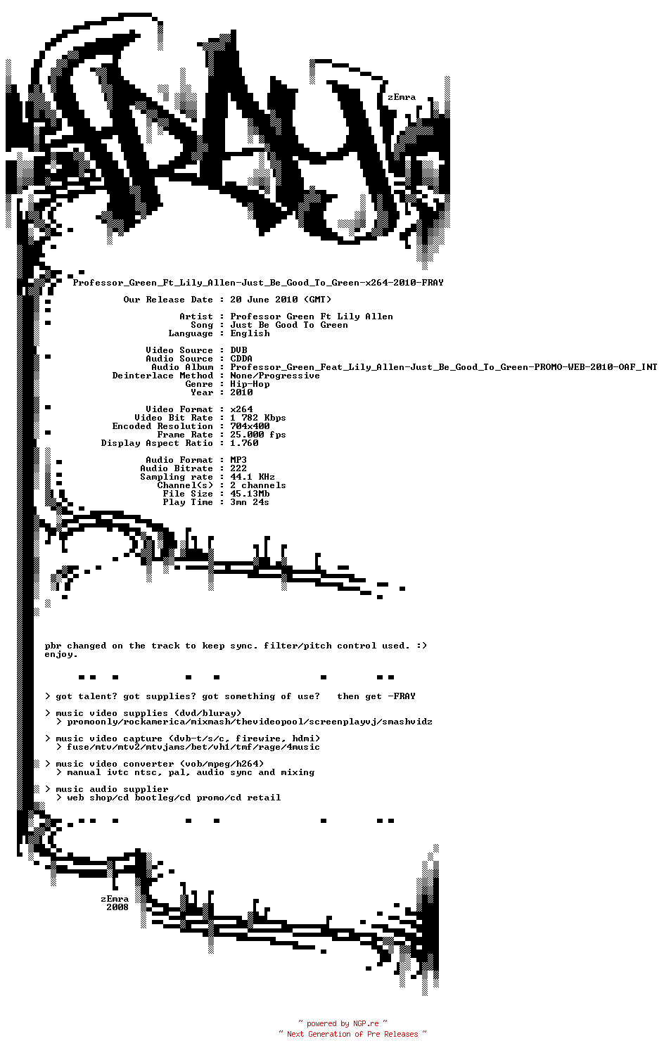 NFO for the release Professor_Green_Ft_Lily_Allen-Just_Be_Good_To_Green-x264-2010-FRAY by FRAY