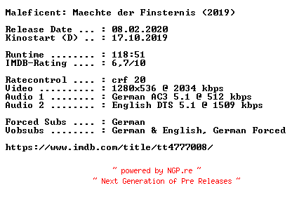 NFO for the release Maleficent.Maechte.der.Finsternis.2019.German.DL.720p.BluRay.x264-COiNCiDENCE by COiNCiDENCE