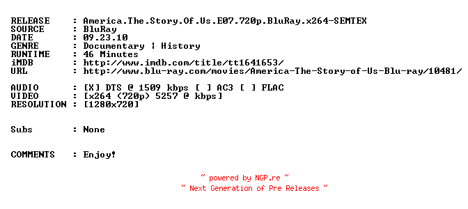 NFO for the release America.The.Story.Of.Us.E07.720p.BluRay.x264-SEMTEX by SEMTEX