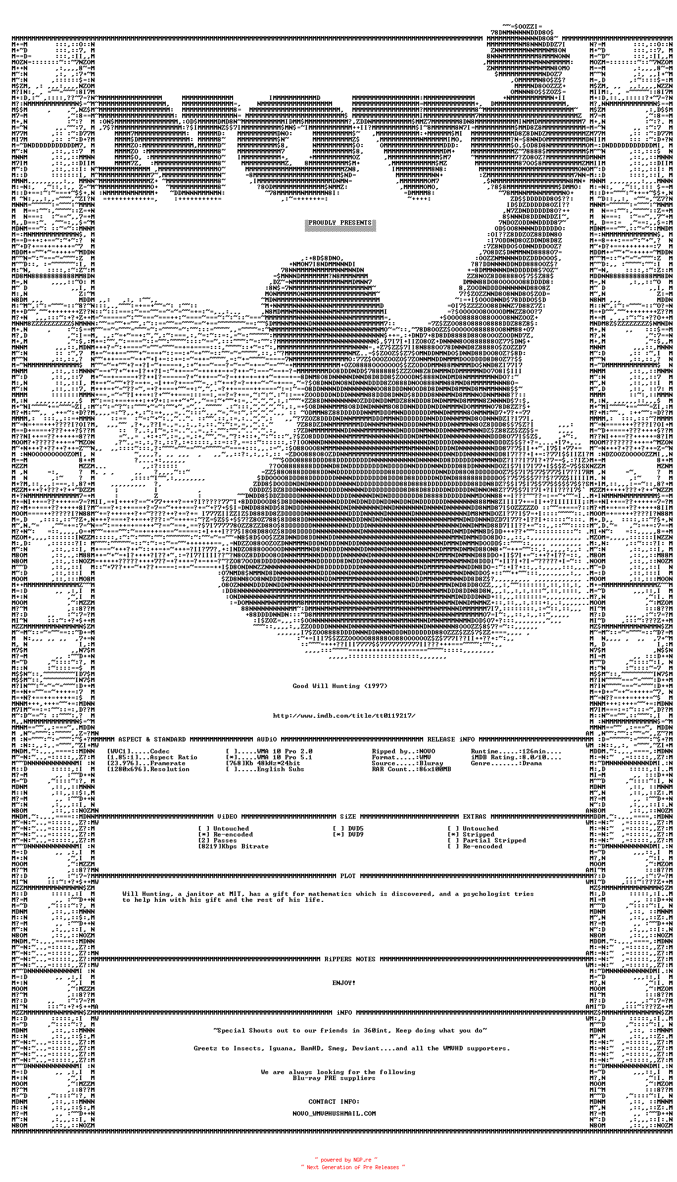 NFO for the release Good.Will.Hunting.1997.Bluray.VC1.720P.5.1.WMV-NOVO by NOVO