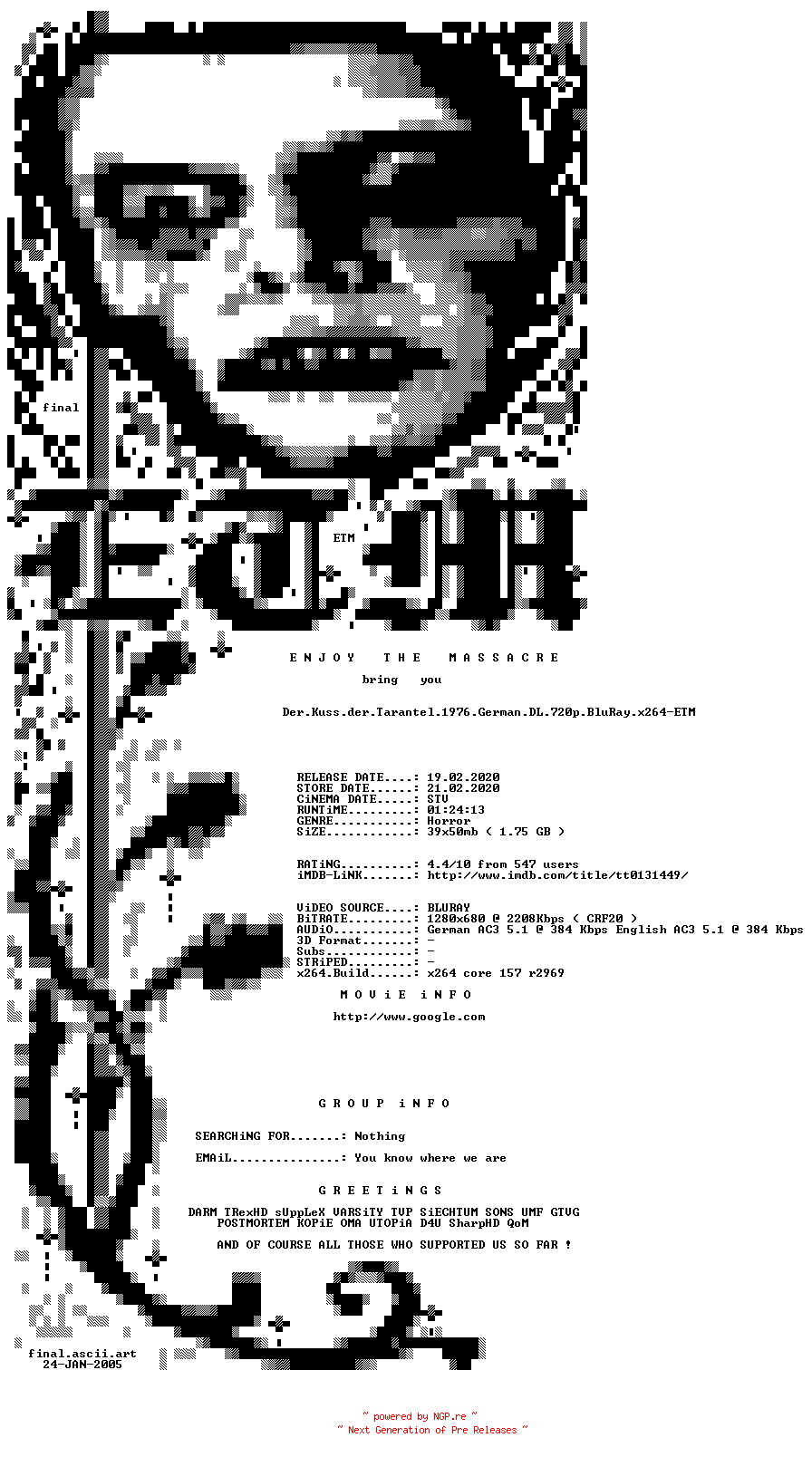 NFO for the release Der.Kuss.der.Tarantel.1976.German.DL.720p.BluRay.x264-ETM by ETM