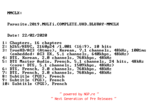 NFO for the release Parasite.2019.MULTi.COMPLETE.UHD.BLURAY-MMCLX by MMCLX