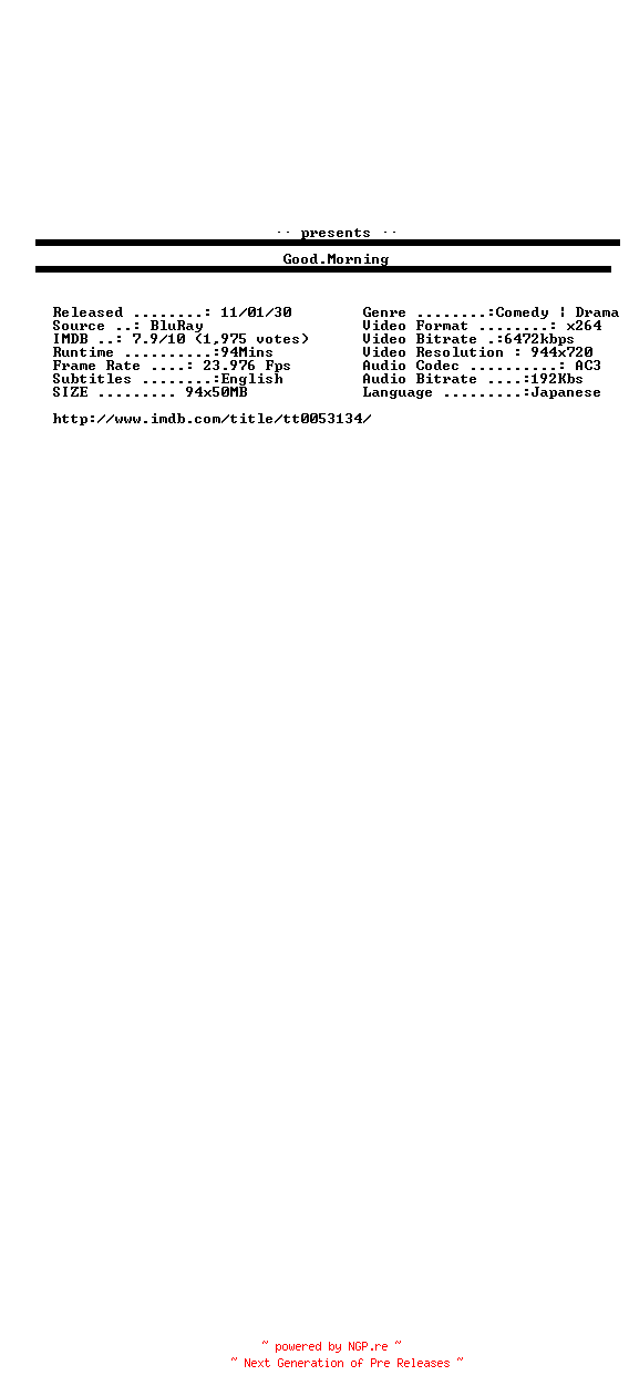 NFO for the release Good.Morning.1959.720p.BluRay.x264-aBD by aBD