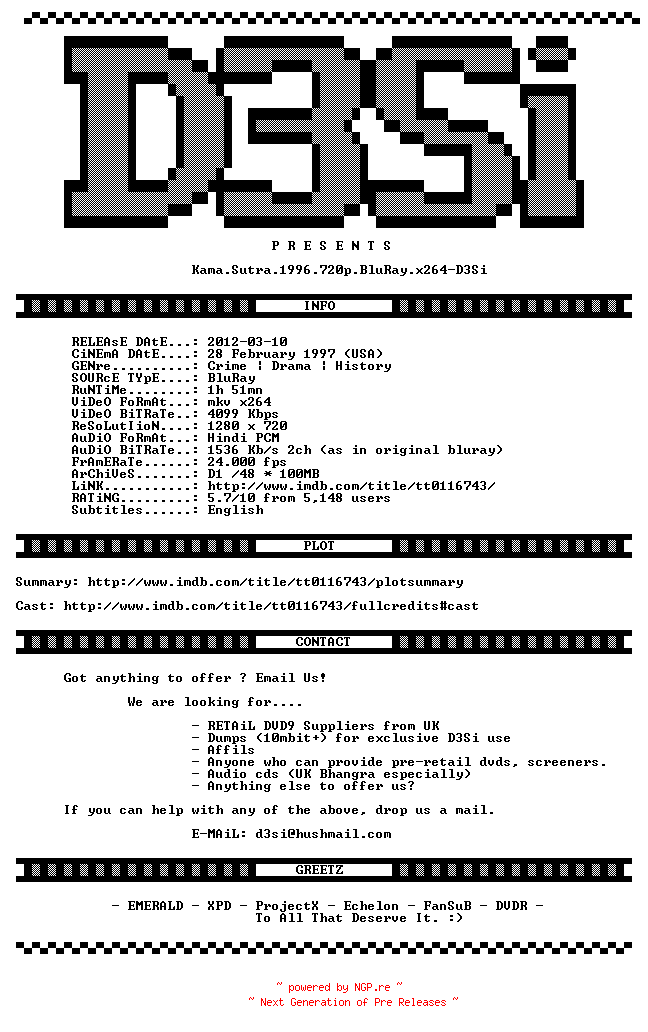 NFO for the release Kama.Sutra.1996.720p.BluRay.x264-D3Si by D3Si
