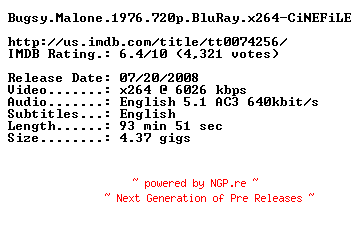 NFO for the release Bugsy.Malone.1976.720p.BluRay.x264-CiNEFiLE by CiNEFiLE