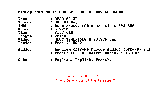 NFO for the release Midway.2019.MULTi.COMPLETE.UHD.BLURAY-COJONUDO by COJONUDO