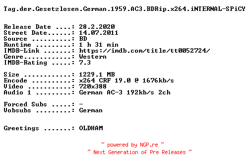 NFO for the release Tag.der.Gesetzlosen.German.1959.AC3.BDRip.x264.iNTERNAL-SPiCY by SPiCY