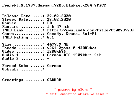 NFO for the release Projekt.X.1987.German.720p.BluRay.x264-SPiCY by SPiCY