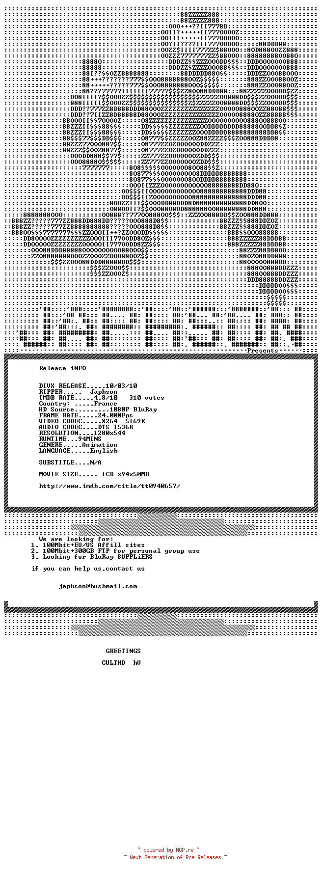 NFO for the release Arthur.And.The.Revenge.Of.Maltazard.2009.720p.BluRay.x264-Japhson by Japhson