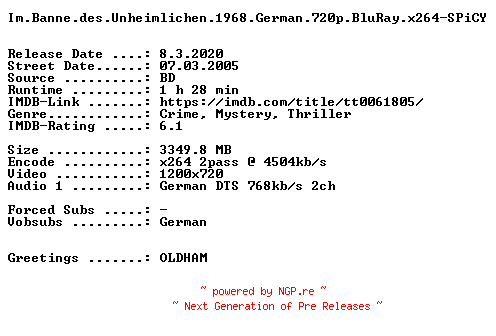 NFO for the release Im.Banne.des.Unheimlichen.1968.German.720p.BluRay.x264-SPiCY by SPiCY