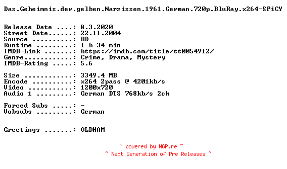 NFO for the release Das.Geheimnis.der.gelben.Narzissen.1961.German.720p.BluRay.x264-SPiCY by SPiCY