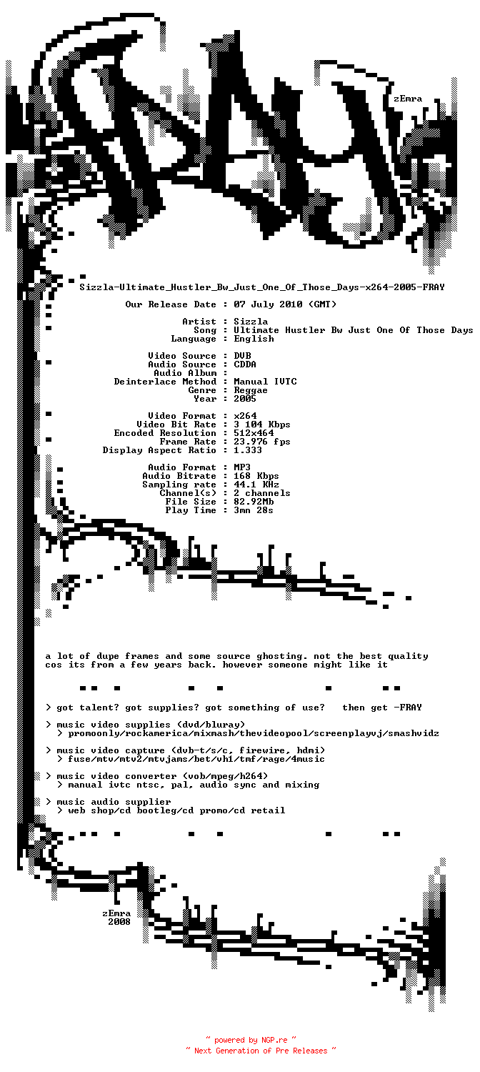 NFO for the release Sizzla-Ultimate_Hustler_Bw_Just_One_Of_Those_Days-x264-2005-FRAY by FRAY