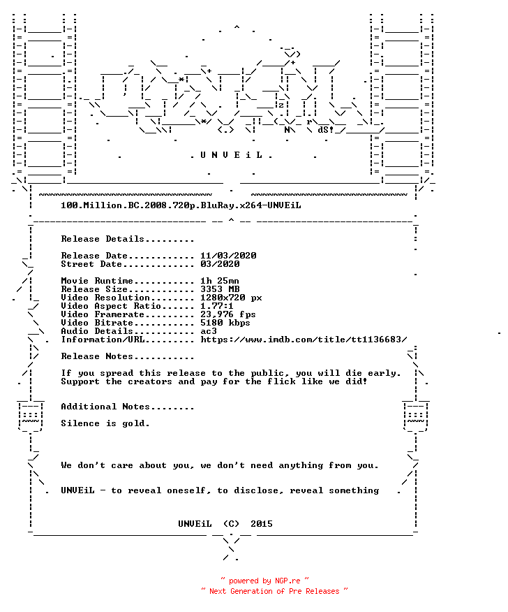 NFO for the release 100.Million.BC.2008.720p.BluRay.x264-UNVEiL by UNVEiL