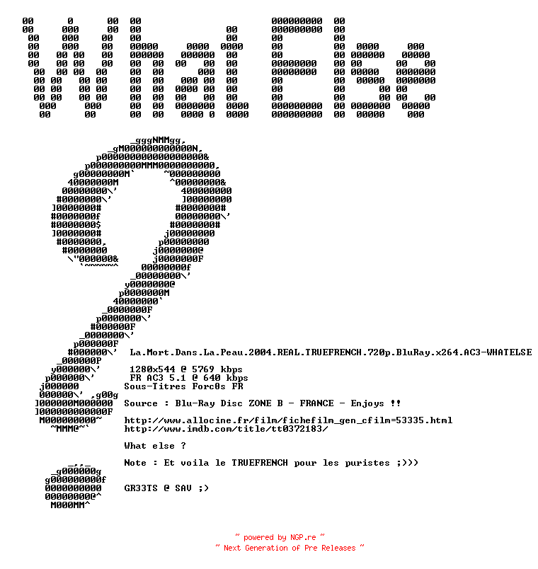 NFO for the release La.Mort.Dans.La.Peau.2004.REAL.TRUEFRENCH.720p.BluRay.x264.AC3-WHATELSE by WHATELSE