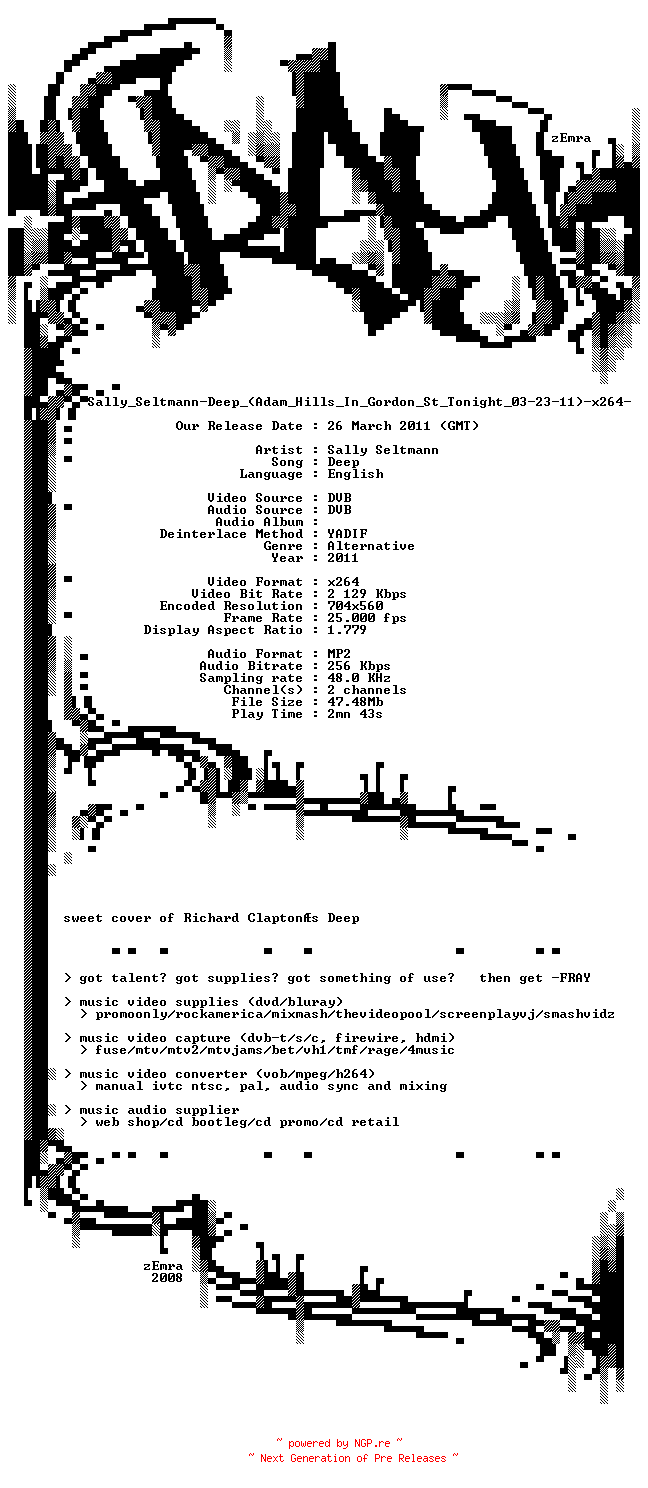 NFO for the release Sally_Seltmann-Deep_(Adam_Hills_In_Gordon_St_Tonight_03-23-11)-x264-2011-FRAY by FRAY