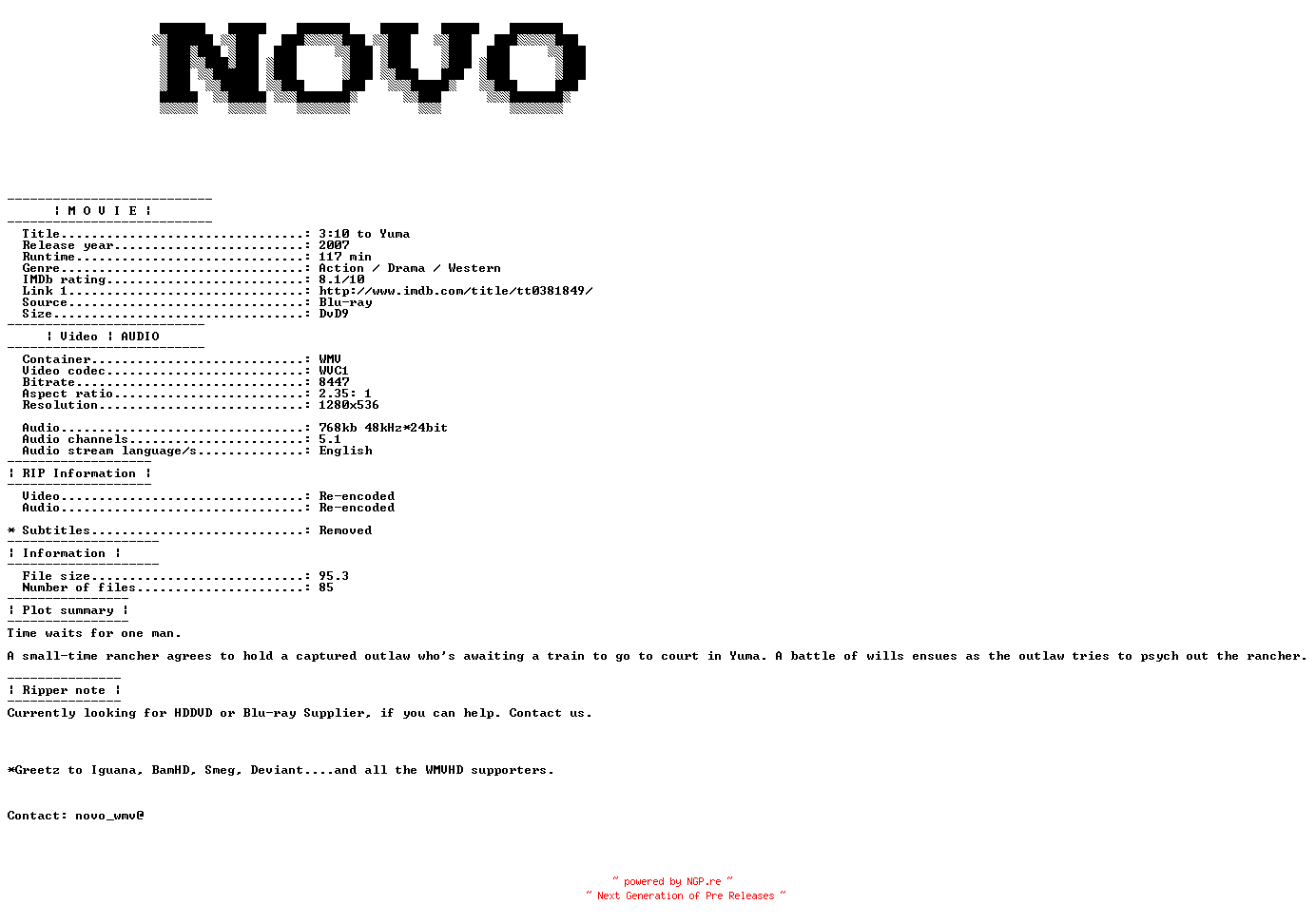 NFO for the release 3.10.To.Yuma.2007.Bluray.VC1.720P.5.1.WMV-NOVO by NOVO
