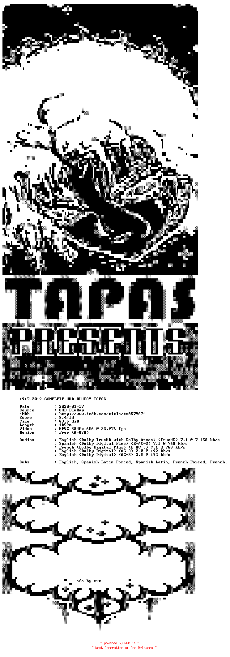 NFO for the release 1917.2019.COMPLETE.UHD.BLURAY-TAPAS by TAPAS