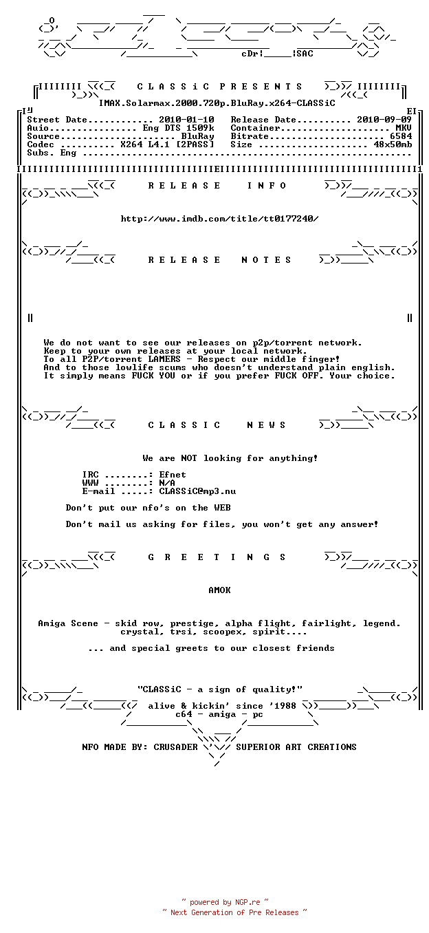NFO for the release IMAX.Solarmax.2000.720p.BluRay.x264-CLASSiC by CLASSiC