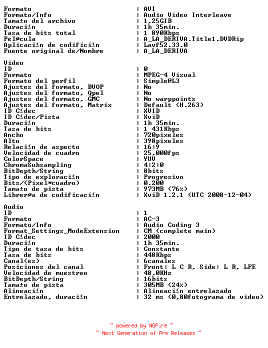 NFO for the release A.La.Deriva.2009.SPANISH.BDRIP.AC3.XVID-Neng by Neng