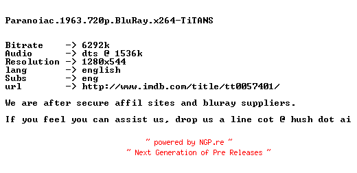 NFO for the release Paranoiac.1963.720p.BluRay.x264-TiTANS by TiTANS