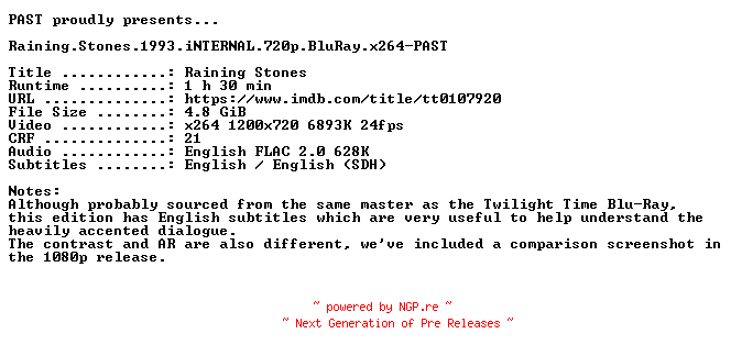 NFO for the release Raining.Stones.1993.iNTERNAL.720p.BluRay.x264-PAST by PAST