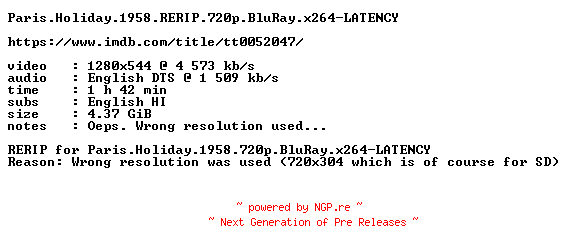 NFO for the release Paris.Holiday.1958.RERIP.720p.BluRay.x264-LATENCY by LATENCY