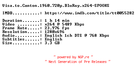 NFO for the release Visa.to.Canton.1960.720p.BluRay.x264-SPOOKS by SPOOKS
