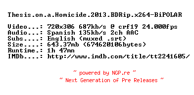 NFO for the release Thesis.on.a.Homicide.2013.BDRip.x264-BiPOLAR by BiPOLAR