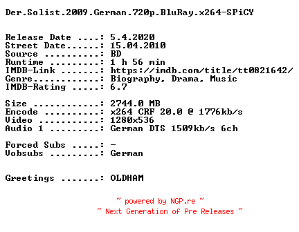 NFO for the release Der.Solist.2009.German.720p.BluRay.x264-SPiCY by SPiCY