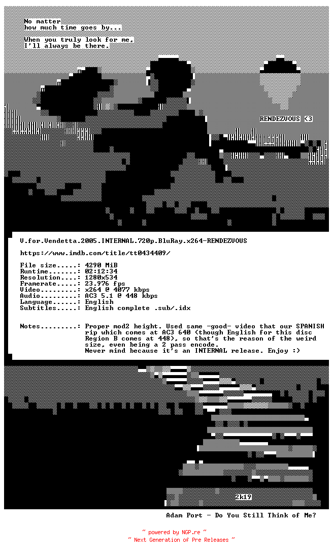 NFO for the release V.for.Vendetta.2005.INTERNAL.720p.BluRay.x264-RENDEZVOUS by RENDEZVOUS