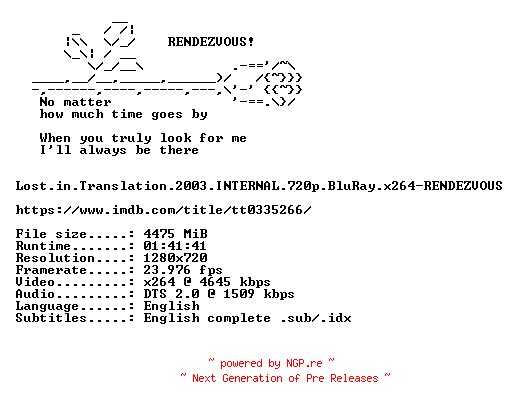 NFO for the release Lost.in.Translation.2003.INTERNAL.720p.BluRay.x264-RENDEZVOUS by RENDEZVOUS