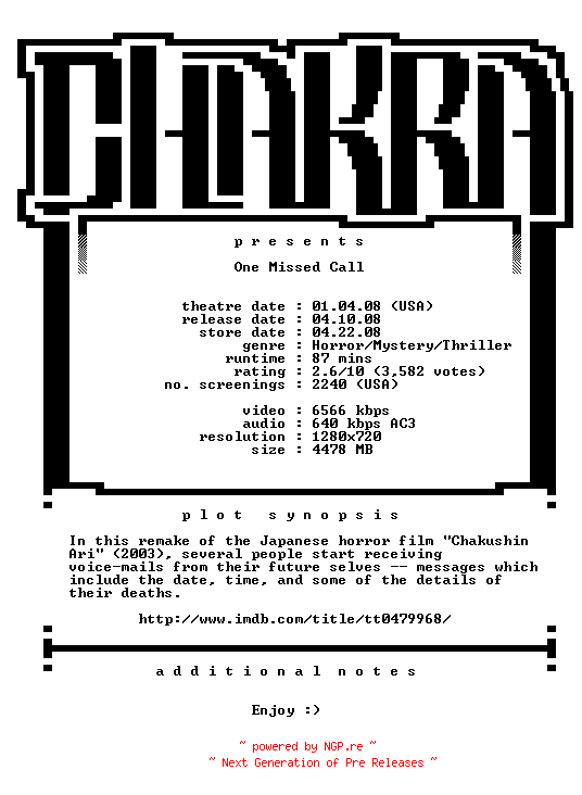 NFO for the release One.Missed.Call.720p.Bluray.x264-Chakra by Chakra