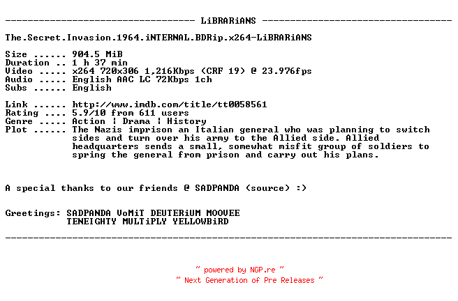 NFO for the release The.Secret.Invasion.1964.iNTERNAL.BDRip.x264-LiBRARiANS by LiBRARiANS