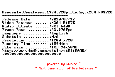 NFO for the release Heavenly.Creatures.1994.720p.BluRay.x264-AVS720 by AVS720