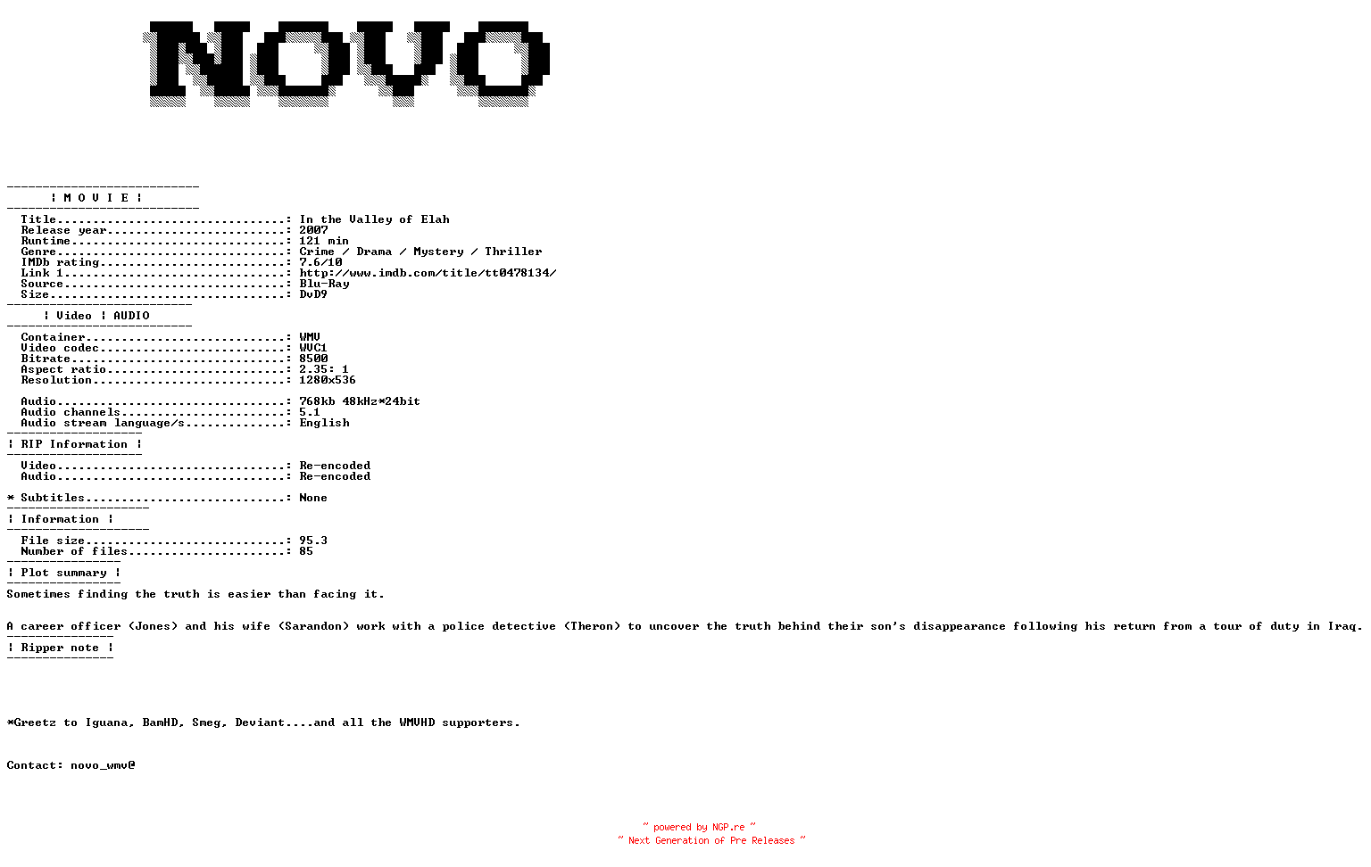 NFO for the release In.The.Valley.Of.Elah.2007.Bluray.VC1.720P.5.1.WMV-NOVO by NOVO