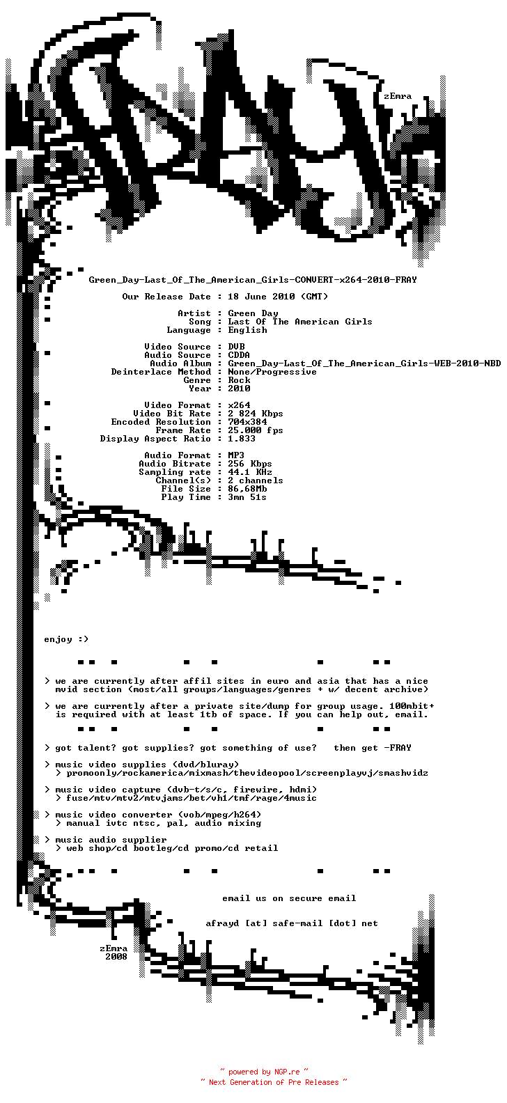 NFO for the release Green_Day-Last_Of_The_American_Girls-CONVERT-x264-2010-FRAY by FRAY