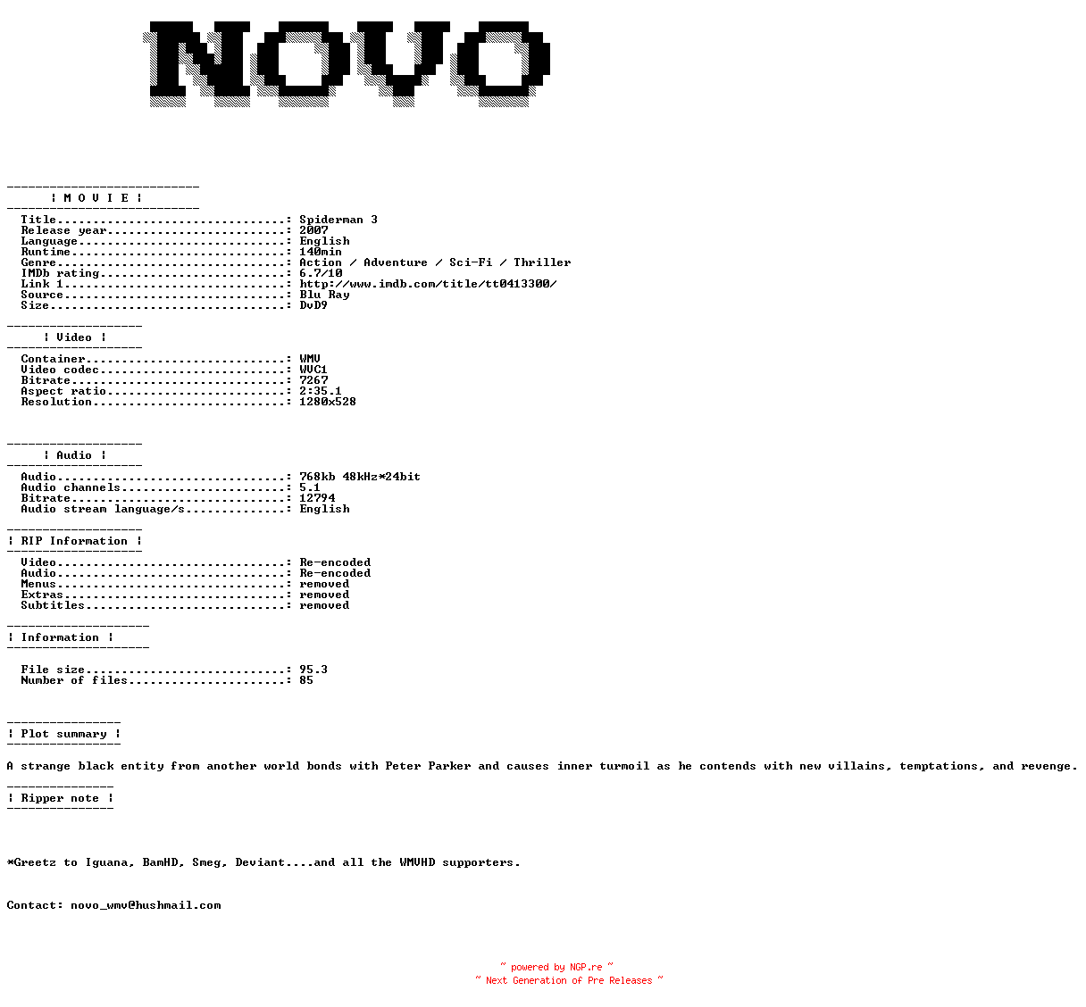 NFO for the release Spiderman.3.2007.Bluray.VC1.720P.5.1.WMV-NOVO by NOVO