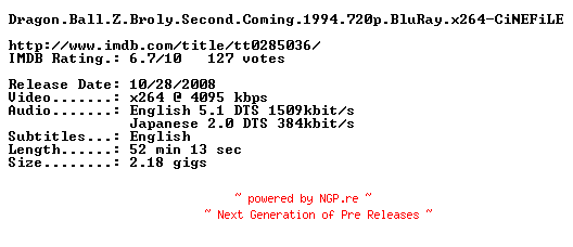 NFO for the release Dragon.Ball.Z.Broly.Second.Coming.1994.720p.BluRay.x264-CiNEFiLE by CiNEFiLE