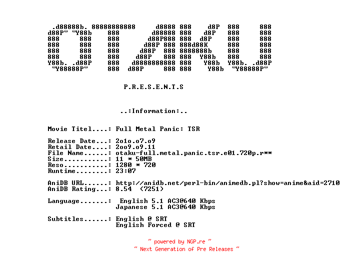 NFO for the release Full.Metal.Panic.The.Second.Raid.E09.Her.Problem.720p.Bluray.x264-OTAKU by OTAKU