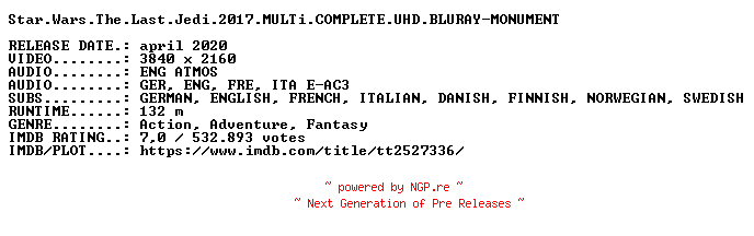NFO for the release Star.Wars.The.Last.Jedi.2017.MULTi.COMPLETE.UHD.BLURAY-MONUMENT by MONUMENT