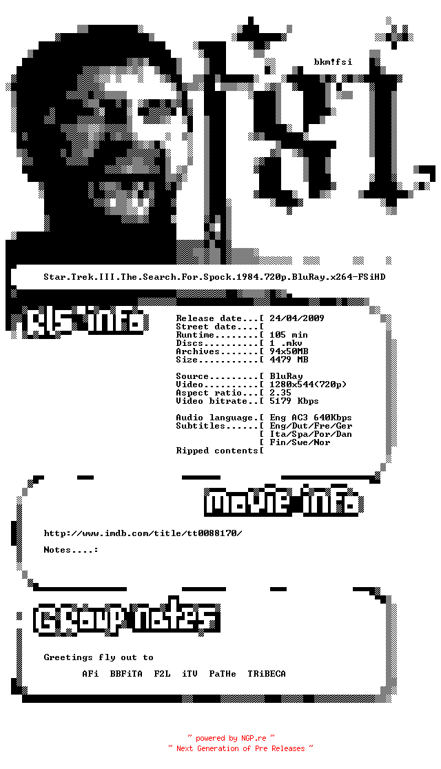 NFO for the release Star.Trek.III.The.Search.For.Spock.1984.720p.BluRay.x264-FSiHD by FSiHD