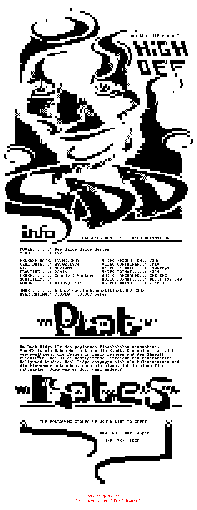 NFO for the release Der.Wilde.wilde.Westen.1974.German.DL.720p.BluRay.x264-CDD by CDD