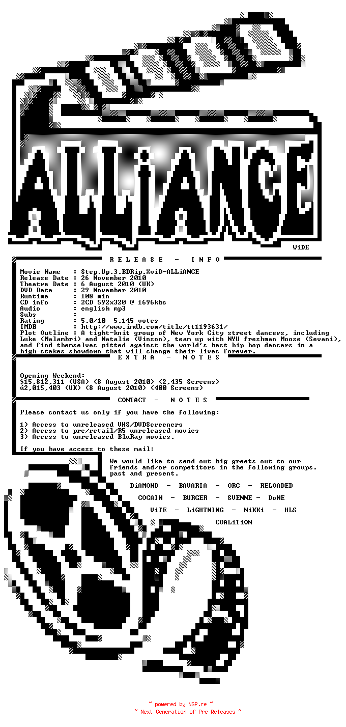 NFO for the release Step.Up.3.BDRip.XviD-ALLiANCE by ALLiANCE