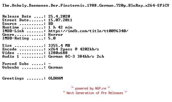 NFO for the release The.Unholy.Daemonen.Der.Finsternis.1988.German.720p.BluRay.x264-SPiCY by SPiCY