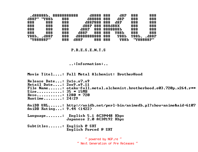 NFO for the release Full.Metal.Alchemist.BrotherHood.E03.City.of.Heresly.720p.Bluray.x264-OTAKU by OTAKU
