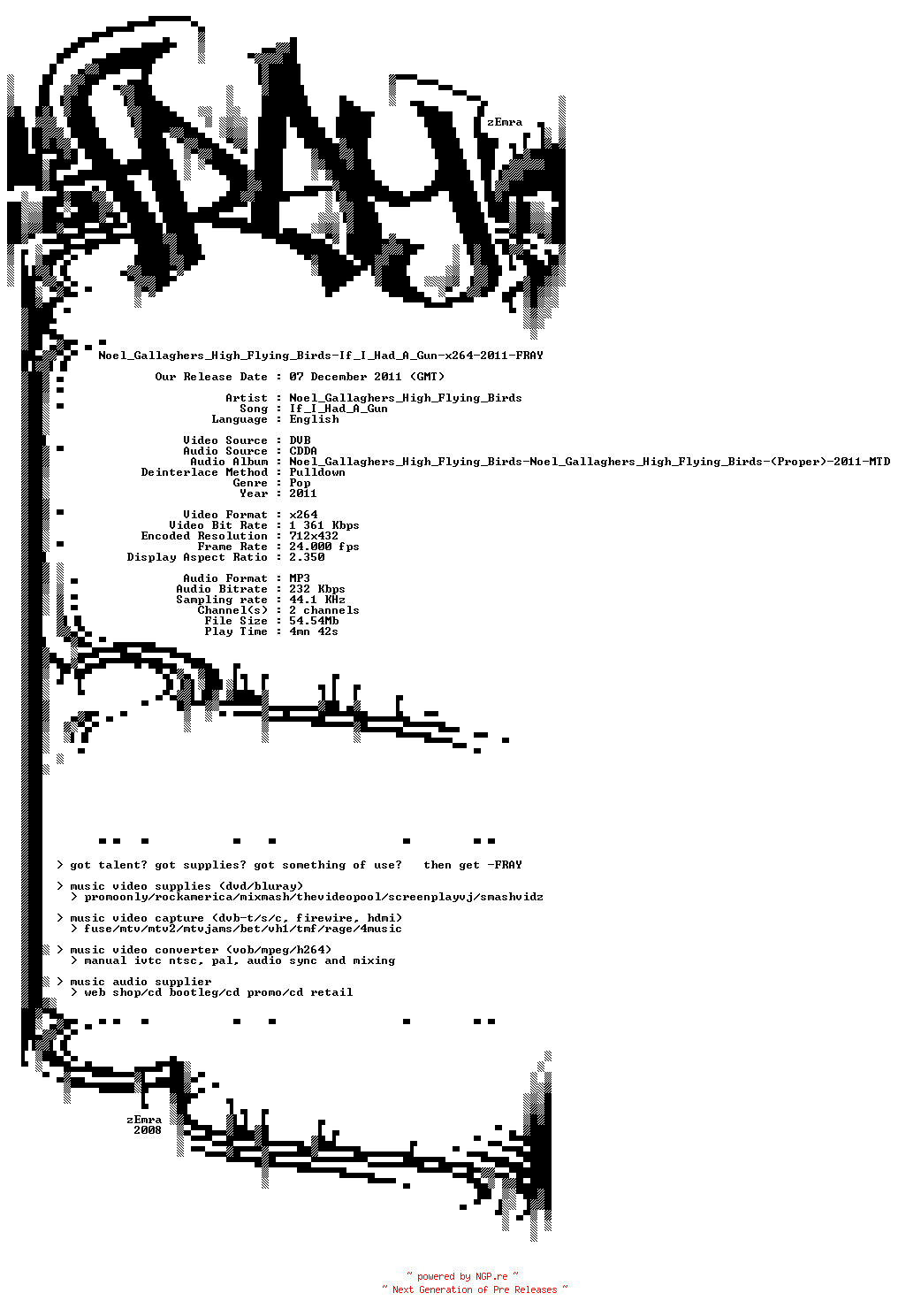 NFO for the release Noel_Gallaghers_High_Flying_Birds-If_I_Had_A_Gun-x264-2011-FRAY by FRAY