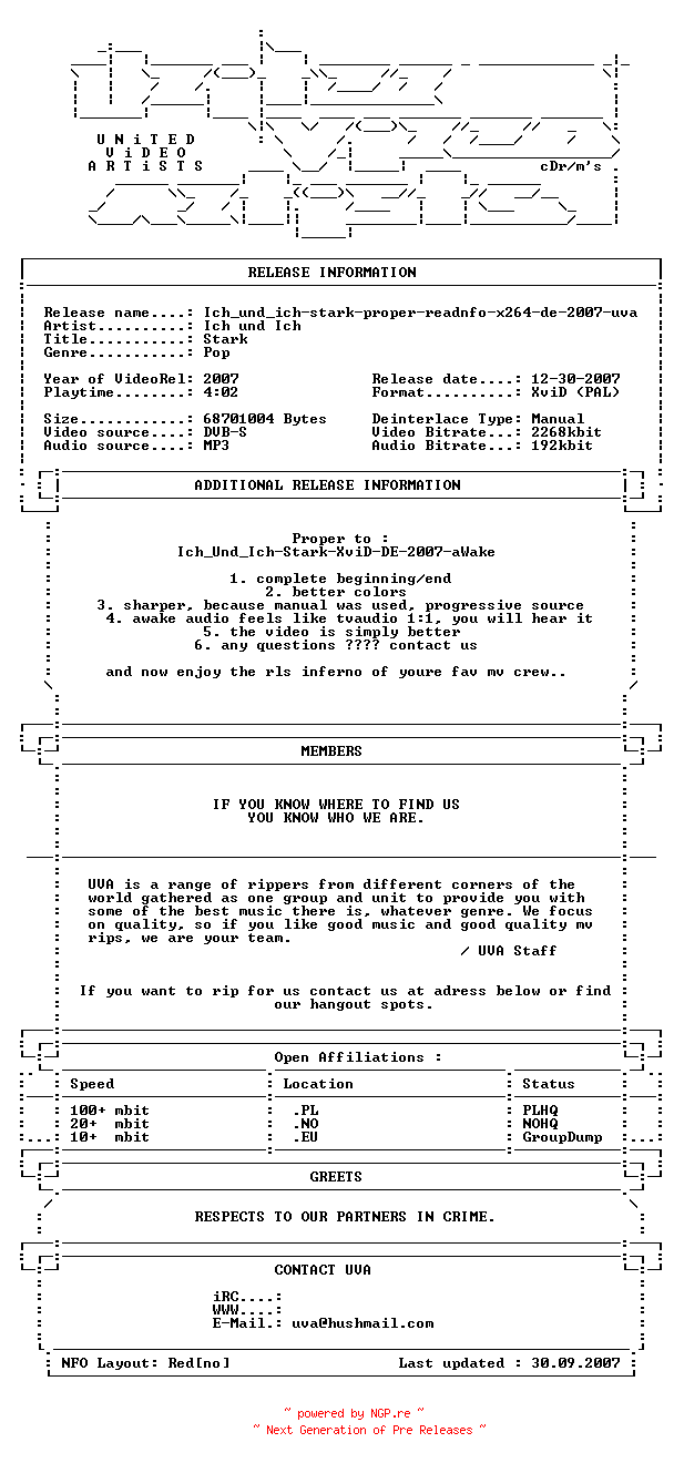 NFO for the release Ich_und_ich-stark-proper-readnfo-x264-de-2007-uva by uva