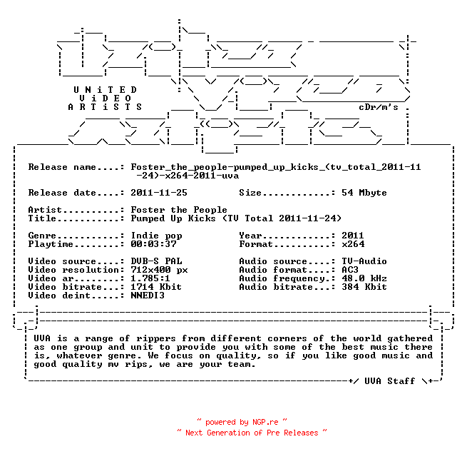 NFO for the release Foster_the_people-pumped_up_kicks_(tv_total_2011-11-24)-x264-2011-uva by uva